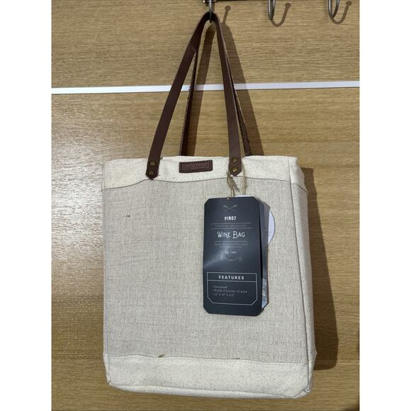 Jute and leather strap Insulated Wine Tote, Beige, holds 3-Bottles - Picture 2 of 6